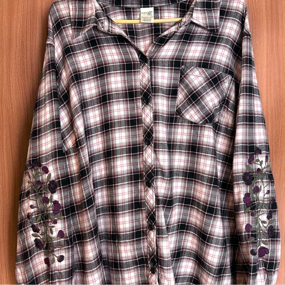 Terra & Sky Plaid Cotton Embroidered Floral Button Down Long Sleeve Shirt Autumn
